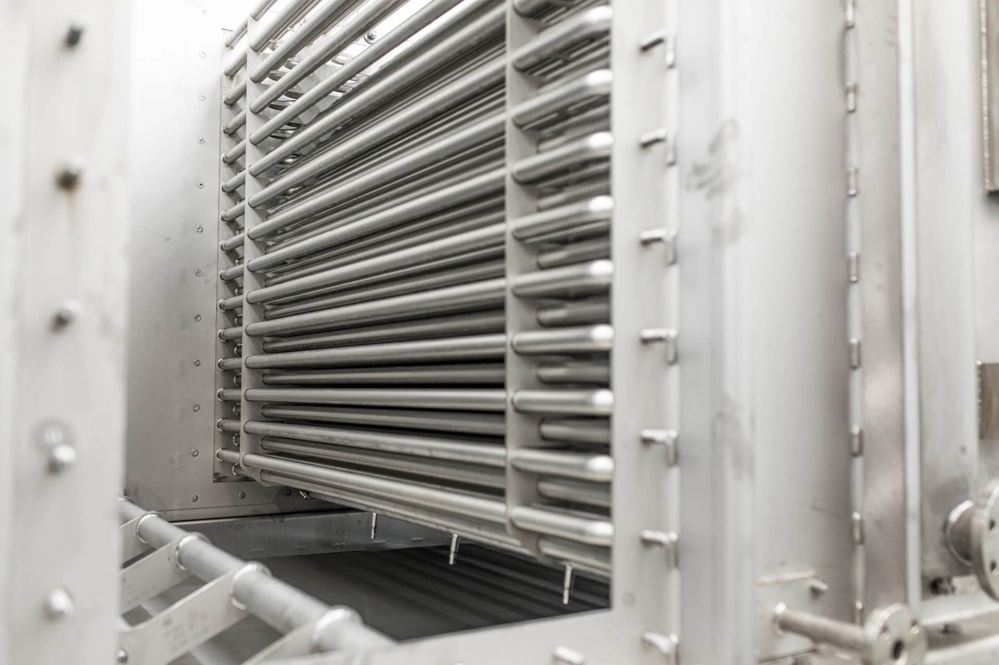 Close-up of the heat exchanger inside a Titan Salt fluid bed dryer.